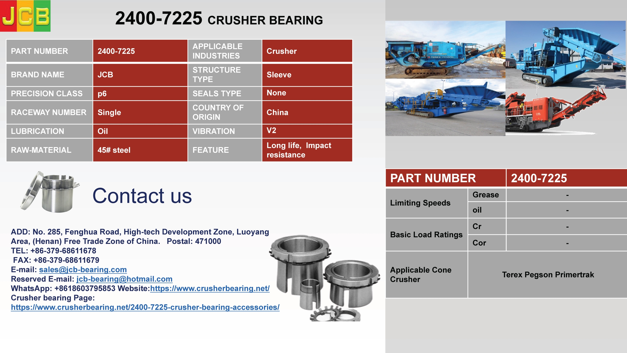 2400-7225 of crusher bearing accessories for Terex pegson and Terex Finlay Cone Crusher 2400-7225 of crusher bearing accessories for Terex pegson and Terex Finlay Cone Crusher
